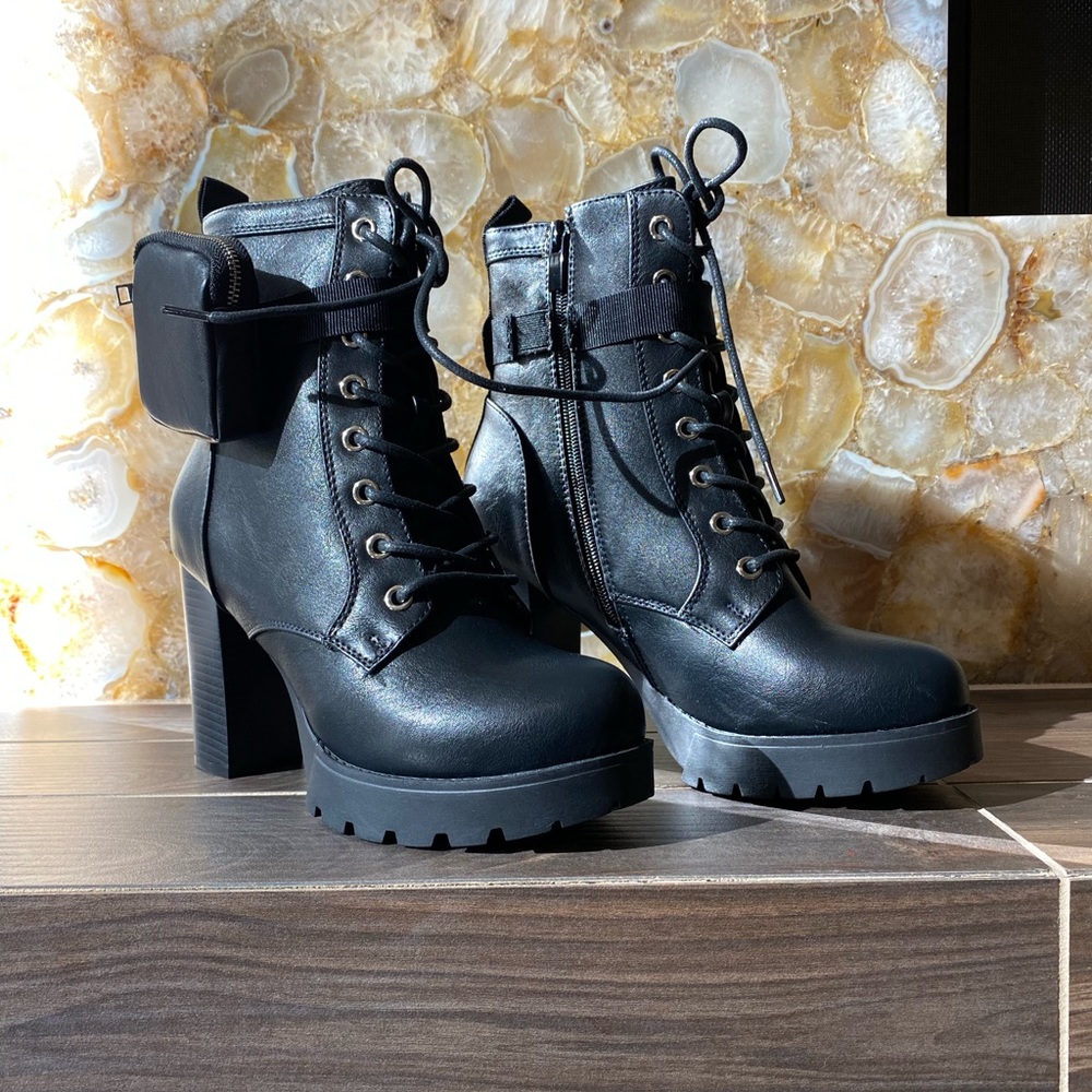 Faux Leather combat boots with side zipper coin pouch side zipper lace up front